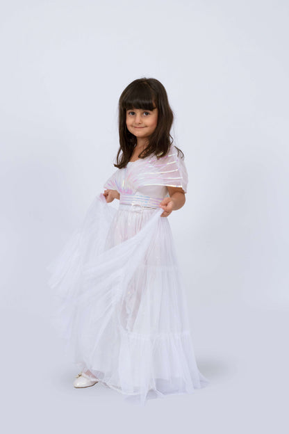 Elaisha Girls Designer Crop Top with drape dupatta &amp; Layered Net Skirt Set - Off White
