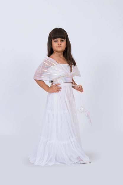 Elaisha Girls Designer Crop Top with drape dupatta &amp; Layered Net Skirt Set - Off White