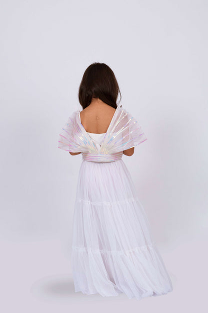 Elaisha Girls Designer Crop Top with drape dupatta &amp; Layered Net Skirt Set - Off White