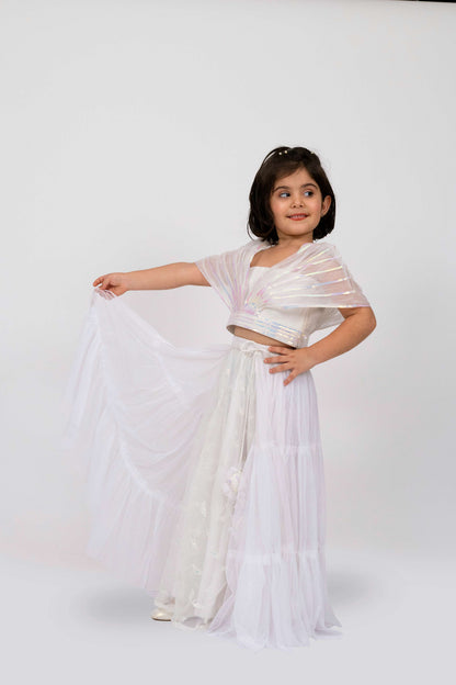 Elaisha Girls Designer Crop Top with drape dupatta &amp; Layered Net Skirt Set - Off White