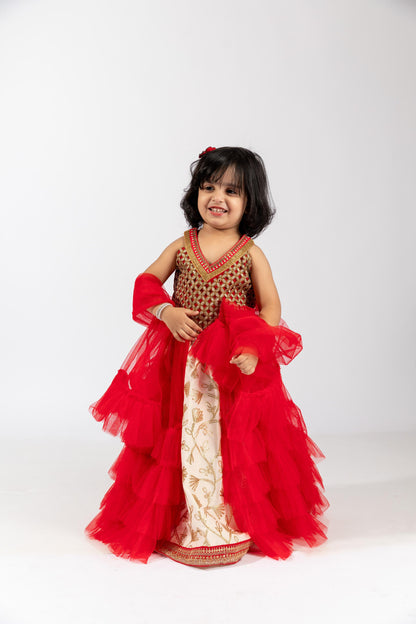 Elaisha Girls Embroidered Top & Embroidered Underlay Skirt with Ruffled Overlay - Red & Off White