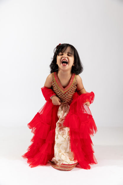 Elaisha Girls Embroidered Top & Embroidered Underlay Skirt with Ruffled Overlay - Red & Off White