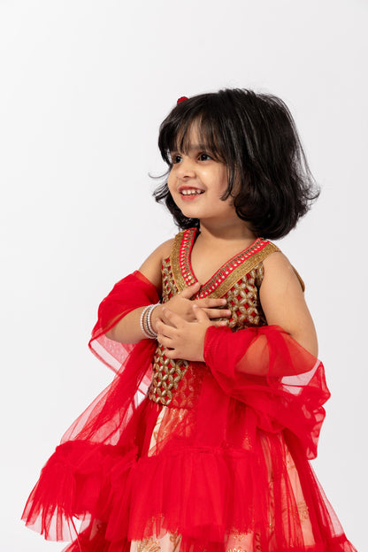 Elaisha Girls Embroidered Top & Embroidered Underlay Skirt with Ruffled Overlay - Red & Off White
