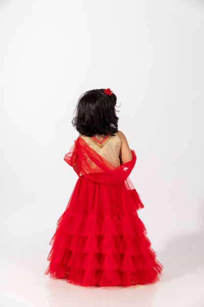 Elaisha Girls Embroidered Top & Embroidered Underlay Skirt with Ruffled Overlay - Red & Off White