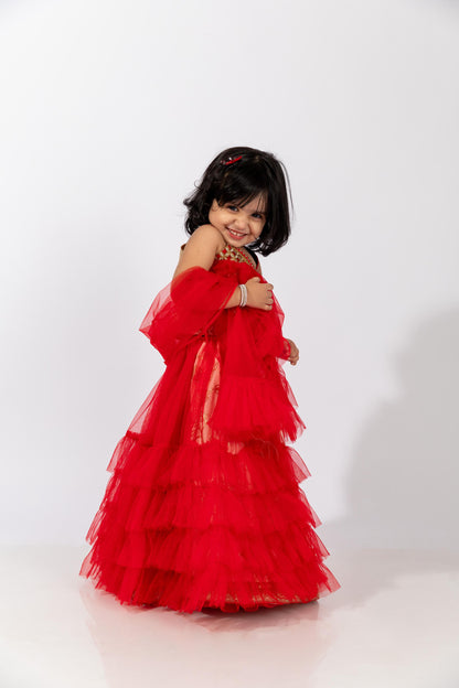 Elaisha Girls Embroidered Top & Embroidered Underlay Skirt with Ruffled Overlay - Red & Off White