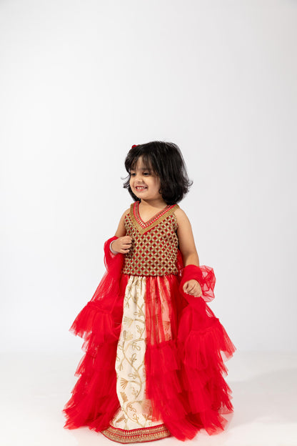 Elaisha Girls Embroidered Top & Embroidered Underlay Skirt with Ruffled Overlay - Red & Off White