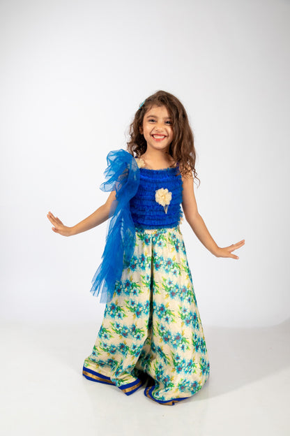 Elaisha Girls Ruffled Spaghetti-Strap Top &  Floral Printed Skirt Set - Blue & Off White