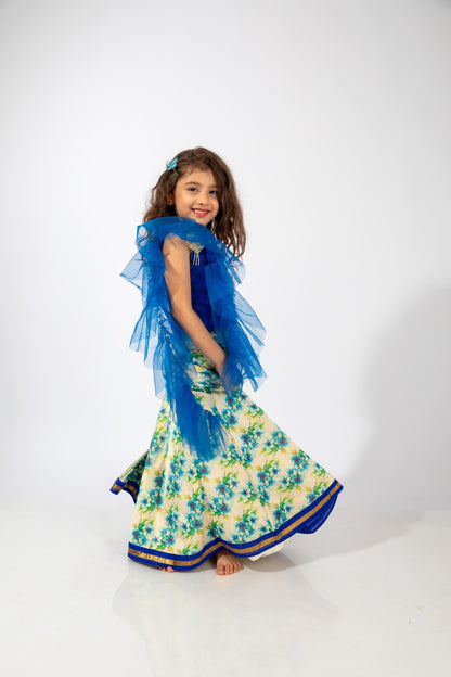 Elaisha Girls Ruffled Spaghetti-Strap Top &  Floral Printed Skirt Set - Blue & Off White