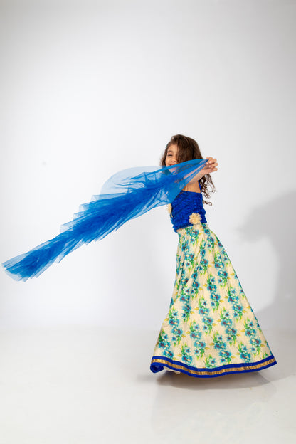 Elaisha Girls Ruffled Spaghetti-Strap Top &  Floral Printed Skirt Set - Blue & Off White