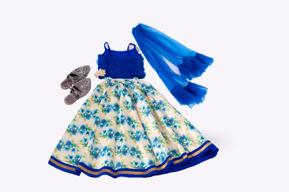 Elaisha Girls Ruffled Spaghetti-Strap Top &  Floral Printed Skirt Set - Blue & Off White