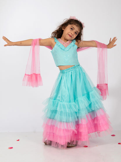 Elaisha Sleeveless Embroidered & Ruffle Detailed Top With Skirt & Dupatta Set - Light Blue & Pink