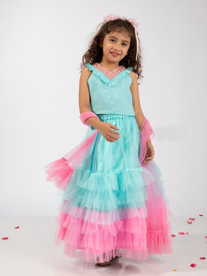 Elaisha Sleeveless Embroidered & Ruffle Detailed Top With Skirt & Dupatta Set - Light Blue & Pink
