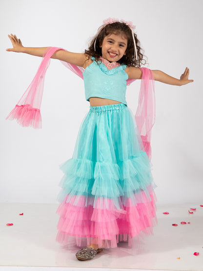 Elaisha Sleeveless Embroidered & Ruffle Detailed Top With Skirt & Dupatta Set - Light Blue & Pink