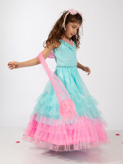 Elaisha Sleeveless Embroidered & Ruffle Detailed Top With Skirt & Dupatta Set - Light Blue & Pink