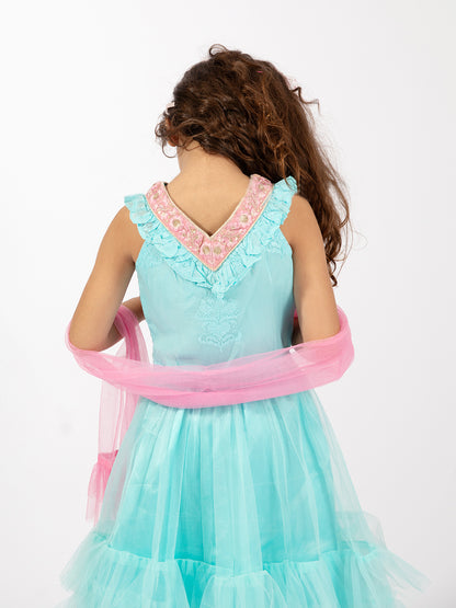 Elaisha Sleeveless Embroidered & Ruffle Detailed Top With Skirt & Dupatta Set - Light Blue & Pink