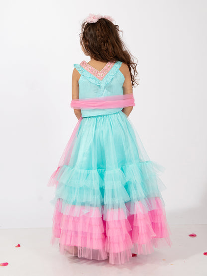 Elaisha Sleeveless Embroidered & Ruffle Detailed Top With Skirt & Dupatta Set - Light Blue & Pink