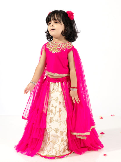 Elaisha Girls Embroidered Top with draped Sleeves & Embroidered Underlay ruffled Skirt  - Pink & Off White