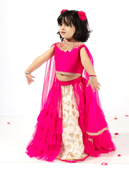 Elaisha Girls Embroidered Top with draped Sleeves & Embroidered Underlay ruffled Skirt  - Pink & Off White