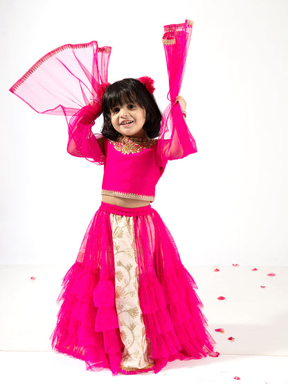 Elaisha Girls Embroidered Top with draped Sleeves & Embroidered Underlay ruffled Skirt  - Pink & Off White