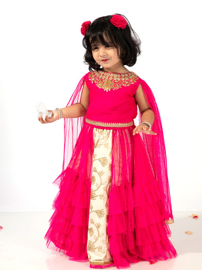 Elaisha Girls Embroidered Top with draped Sleeves & Embroidered Underlay ruffled Skirt  - Pink & Off White