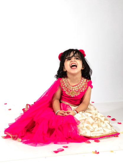 Elaisha Girls Embroidered Top with draped Sleeves & Embroidered Underlay ruffled Skirt  - Pink & Off White