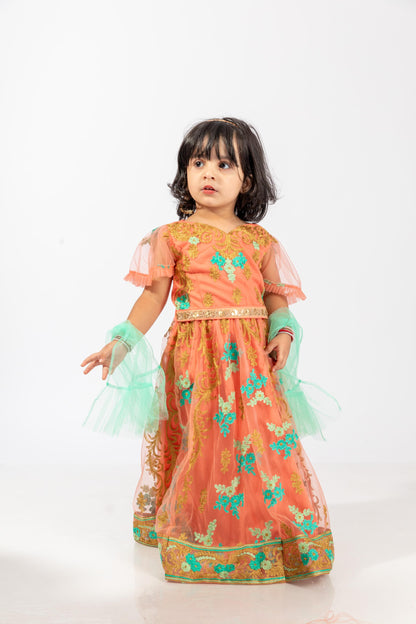 Elaisha Girls Traditional Embroidered Top & Ghagra With Net Dupatta Set - Peach & Sea Green