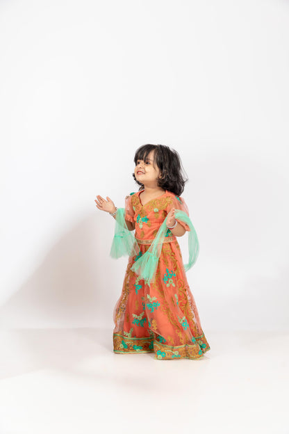 Elaisha Girls Traditional Embroidered Top & Ghagra With Net Dupatta Set - Peach & Sea Green