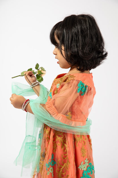 Elaisha Girls Traditional Embroidered Top & Ghagra With Net Dupatta Set - Peach & Sea Green
