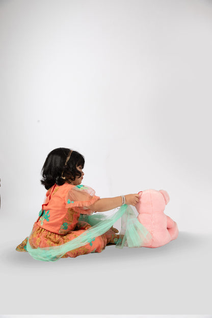Elaisha Girls Traditional Embroidered Top & Ghagra With Net Dupatta Set - Peach & Sea Green