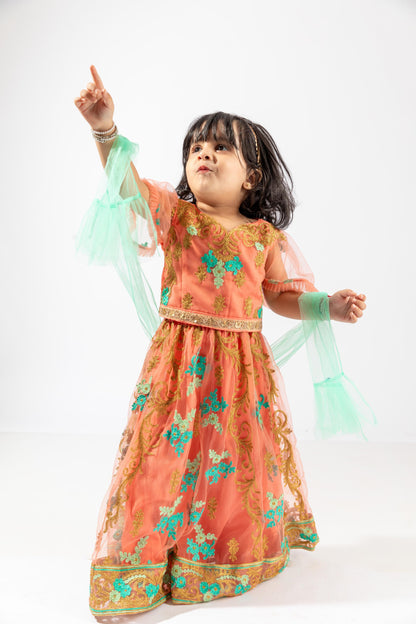Elaisha Girls Traditional Embroidered Top & Ghagra With Net Dupatta Set - Peach & Sea Green