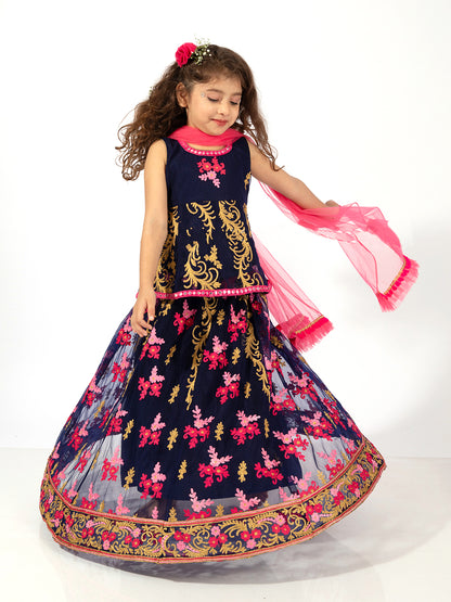 Elaisha Girls Embroidered Peplum Top & Ghagra Co-ord Set With Net Dupatta - Navy & Pink