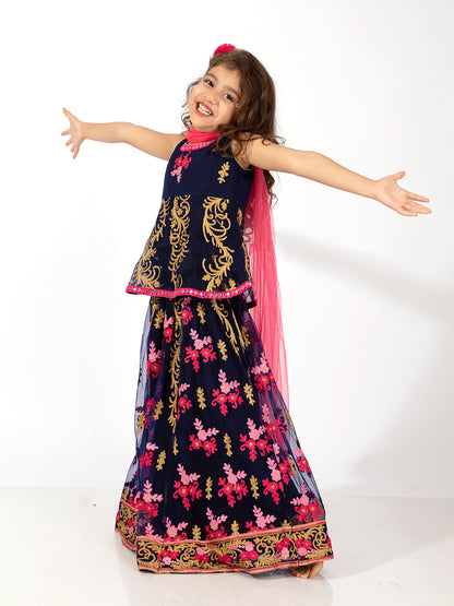 Elaisha Girls Embroidered Peplum Top & Ghagra Co-ord Set With Net Dupatta - Navy & Pink
