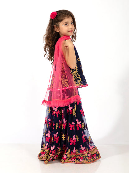 Elaisha Girls Embroidered Peplum Top & Ghagra Co-ord Set With Net Dupatta - Navy & Pink