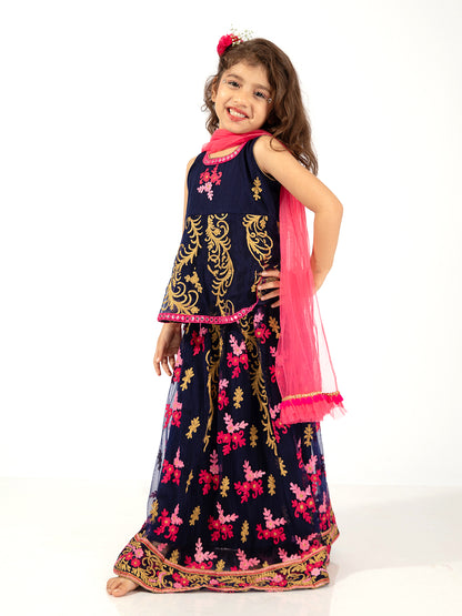 Elaisha Girls Embroidered Peplum Top & Ghagra Co-ord Set With Net Dupatta - Navy & Pink