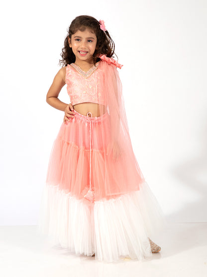 Elaisha Girls Embroidered Top with Floral Embellishment,  Layered Net Skirt & Dupatta Set - Peach & Off White