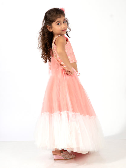 Elaisha Girls Embroidered Top with Floral Embellishment,  Layered Net Skirt & Dupatta Set - Peach & Off White
