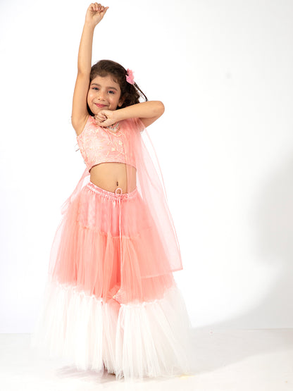 Elaisha Girls Embroidered Top with Floral Embellishment,  Layered Net Skirt & Dupatta Set - Peach & Off White