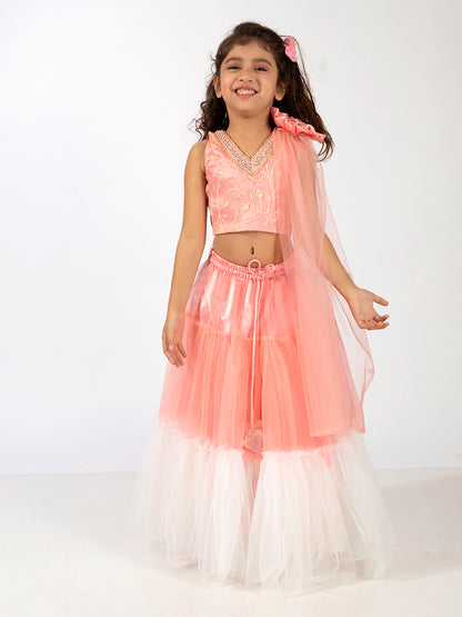 Elaisha Girls Embroidered Top with Floral Embellishment,  Layered Net Skirt & Dupatta Set - Peach & Off White