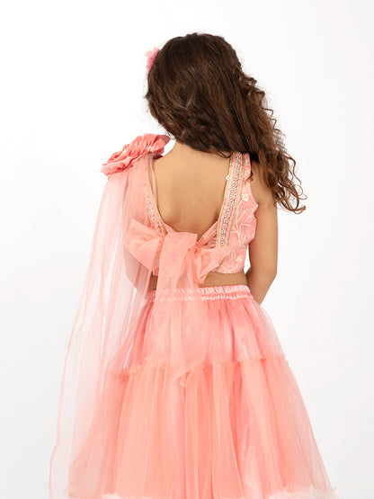 Elaisha Girls Embroidered Top with Floral Embellishment,  Layered Net Skirt & Dupatta Set - Peach & Off White