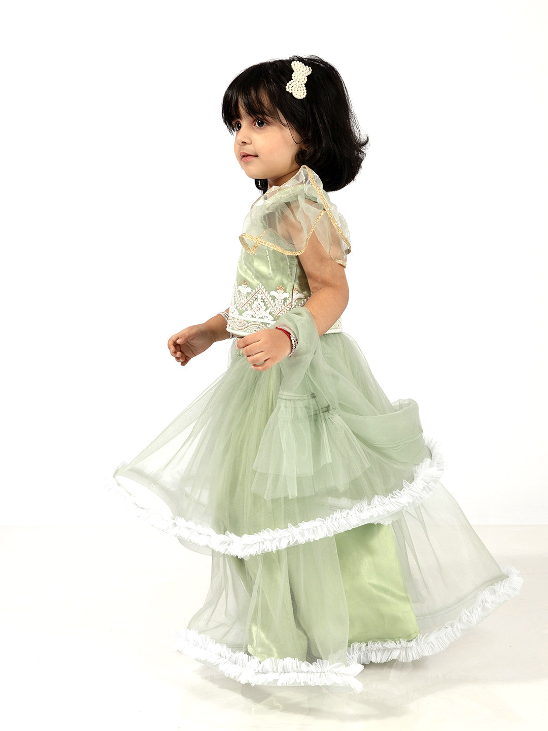 Elaisha Girls  Embroidered Top & Ruffled Edges Layered Net Skirt Set - Green