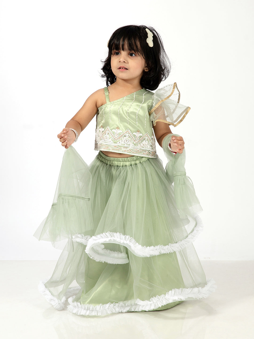 Elaisha Girls  Embroidered Top & Ruffled Edges Layered Net Skirt Set - Green