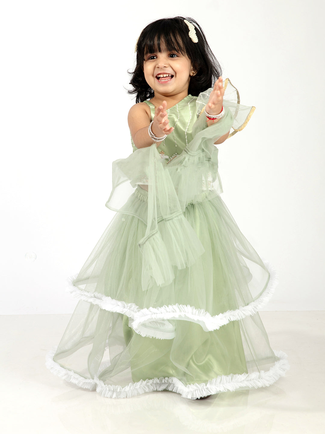 Elaisha Girls  Embroidered Top & Ruffled Edges Layered Net Skirt Set - Green