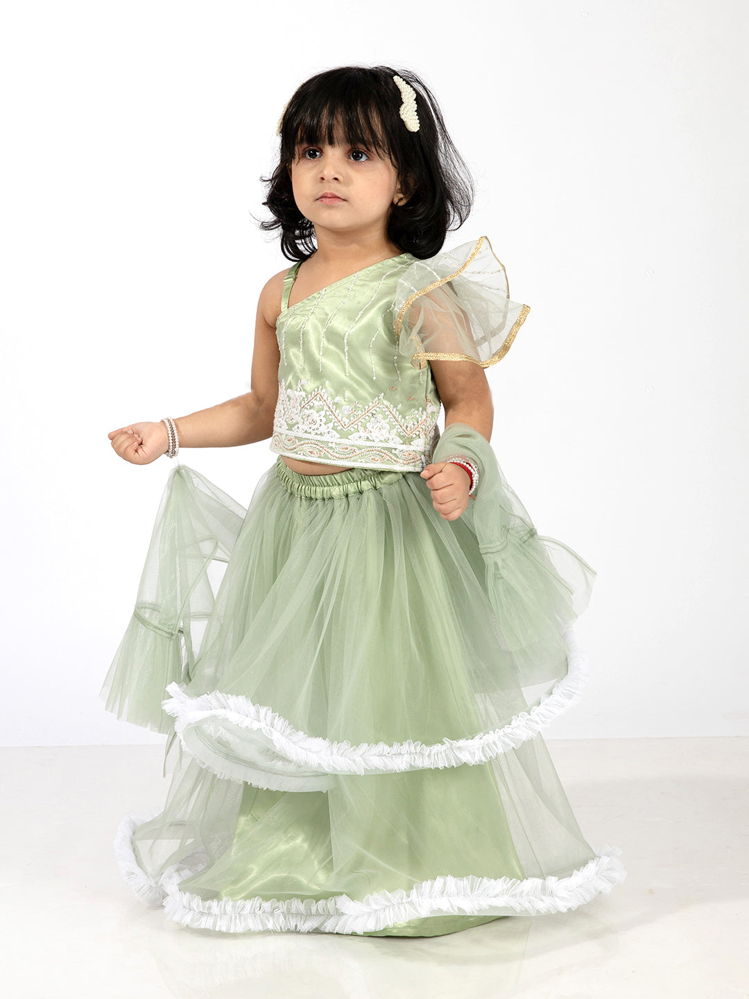 Elaisha Girls  Embroidered Top & Ruffled Edges Layered Net Skirt Set - Green