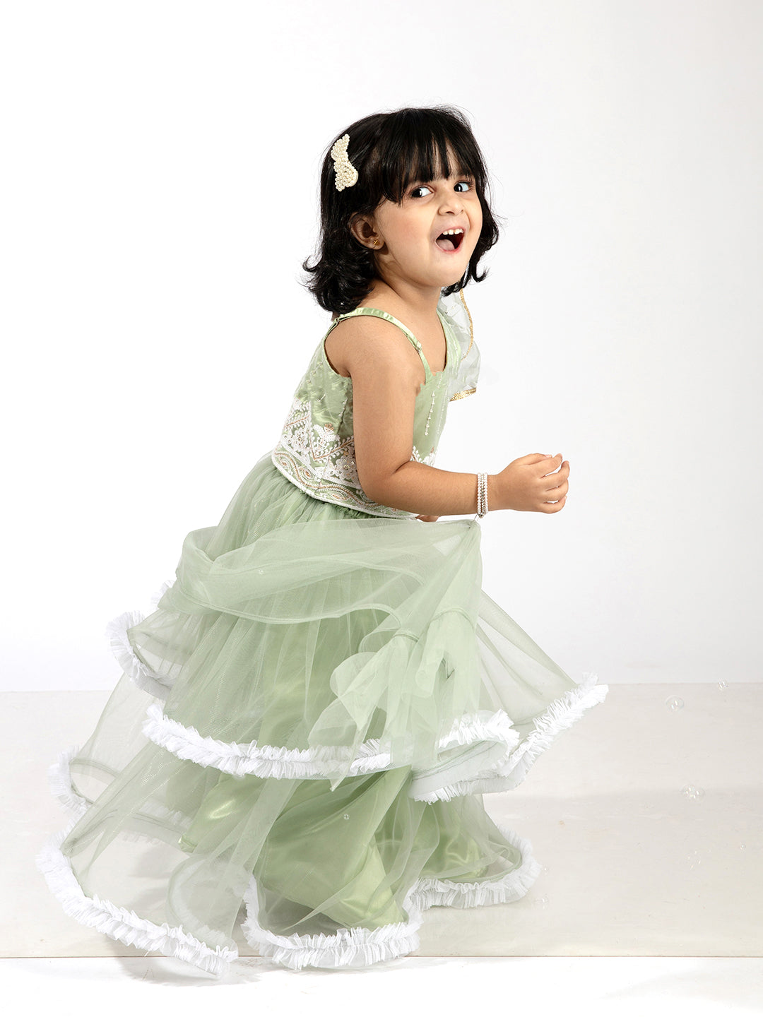 Elaisha Girls  Embroidered Top & Ruffled Edges Layered Net Skirt Set - Green