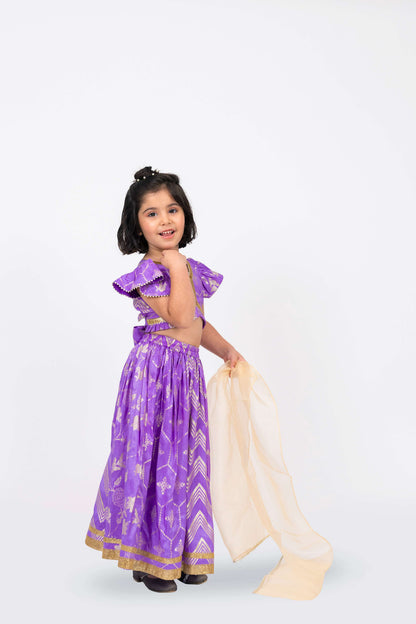 Elaisha Girls Brocade ruffled Sleeve Lace Embellished Top, Skirt & Tissue Dupatta Set - Mauve