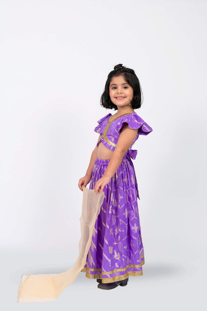 Elaisha Girls Brocade ruffled Sleeve Lace Embellished Top, Skirt & Tissue Dupatta Set - Mauve
