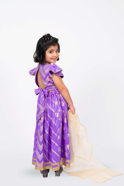 Elaisha Girls Brocade ruffled Sleeve Lace Embellished Top, Skirt & Tissue Dupatta Set - Mauve