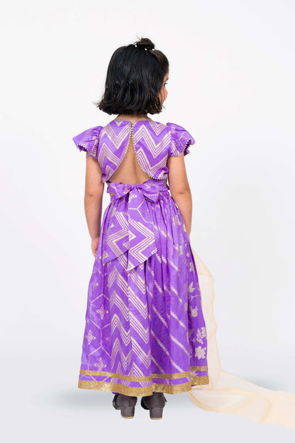 Elaisha Girls Brocade ruffled Sleeve Lace Embellished Top, Skirt & Tissue Dupatta Set - Mauve