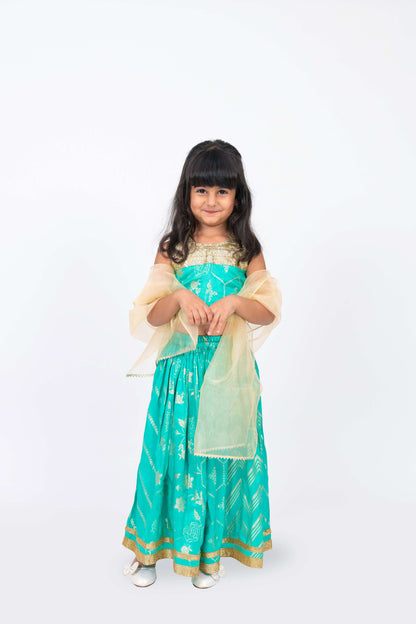 Elaisha Girls Brocade Sleeveless sequence Embellished Top, Skirt & Tissue Dupatta Set - Sea Green