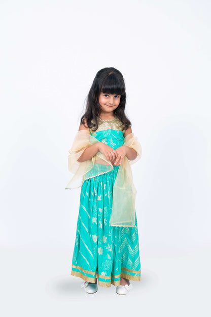 Elaisha Girls Brocade Sleeveless sequence Embellished Top, Skirt & Tissue Dupatta Set - Sea Green